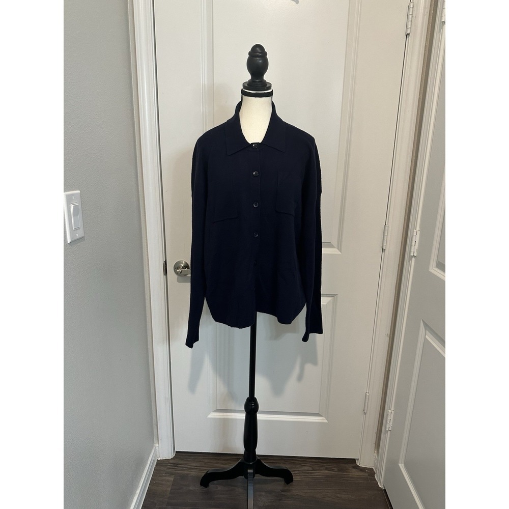 Cyrus Navy Soft Sweater Blazer Cardigan L Button Front Knit Workwear Minimalist